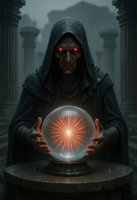 , 8K ultra-detailed shot of a veiled marble oracle seated at a stone altar, hands clasped over a glowing crystal ball. Rain falls gently around it, untouched by an invisible force field. Red and white light spirals within the orb, projecting holograms of Trojan War battles into the fog. Behind, Delphi-like ruins loom. Details: micro-cracks in the crystal, ethereal smoke rising from the altar.