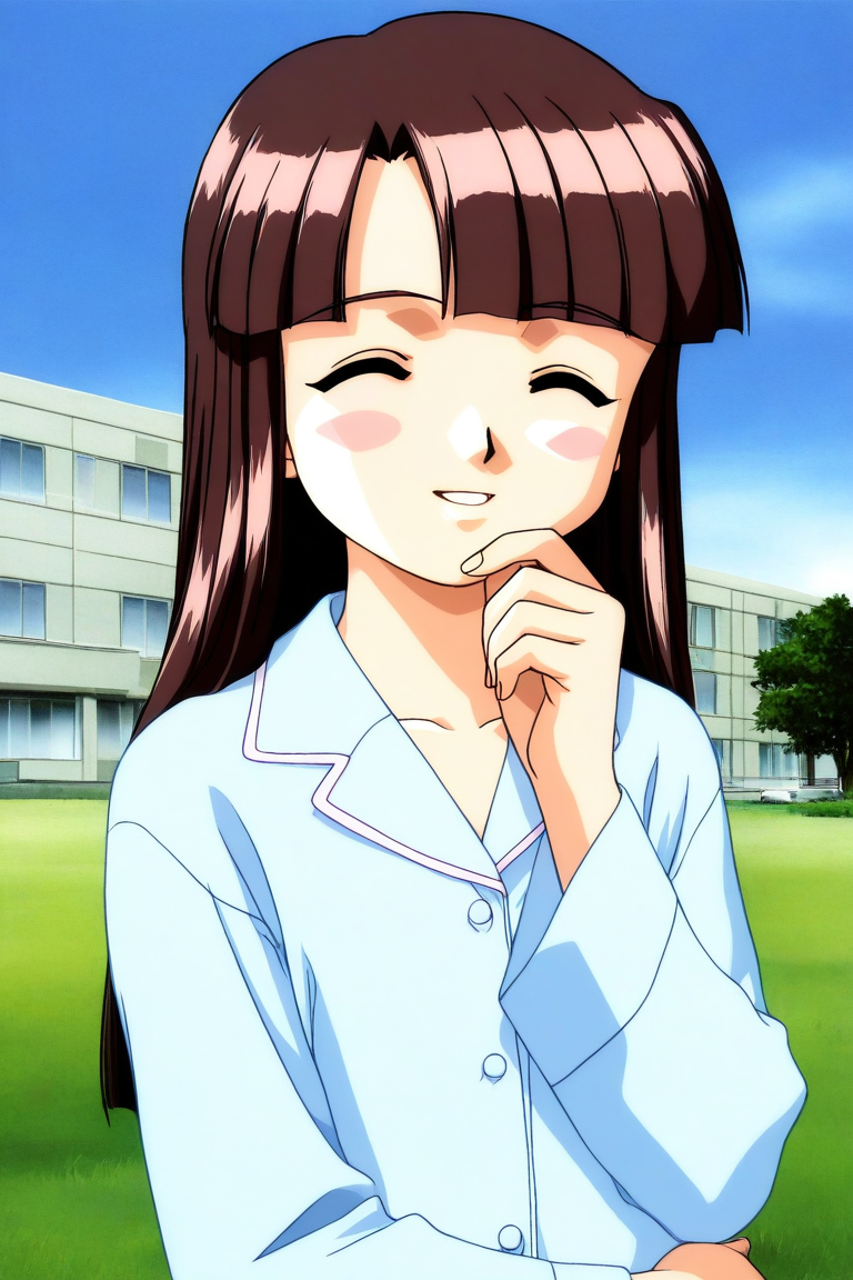 general,highres, ultra-detailed,very aesthetic,best quality ,best hands, BREAK <lora:Sakurai_Miyuri_Suchie-Pai_Ver2.0_IS:1>
Sakurai_Miyuri, 1girl, solo, brown hair, long hair, closed eyes, blunt bangs,ãparted lips,
smile,hand on own chin,
light blue pajamas, 
blue sky, day, grass. outdoor, hospital building,