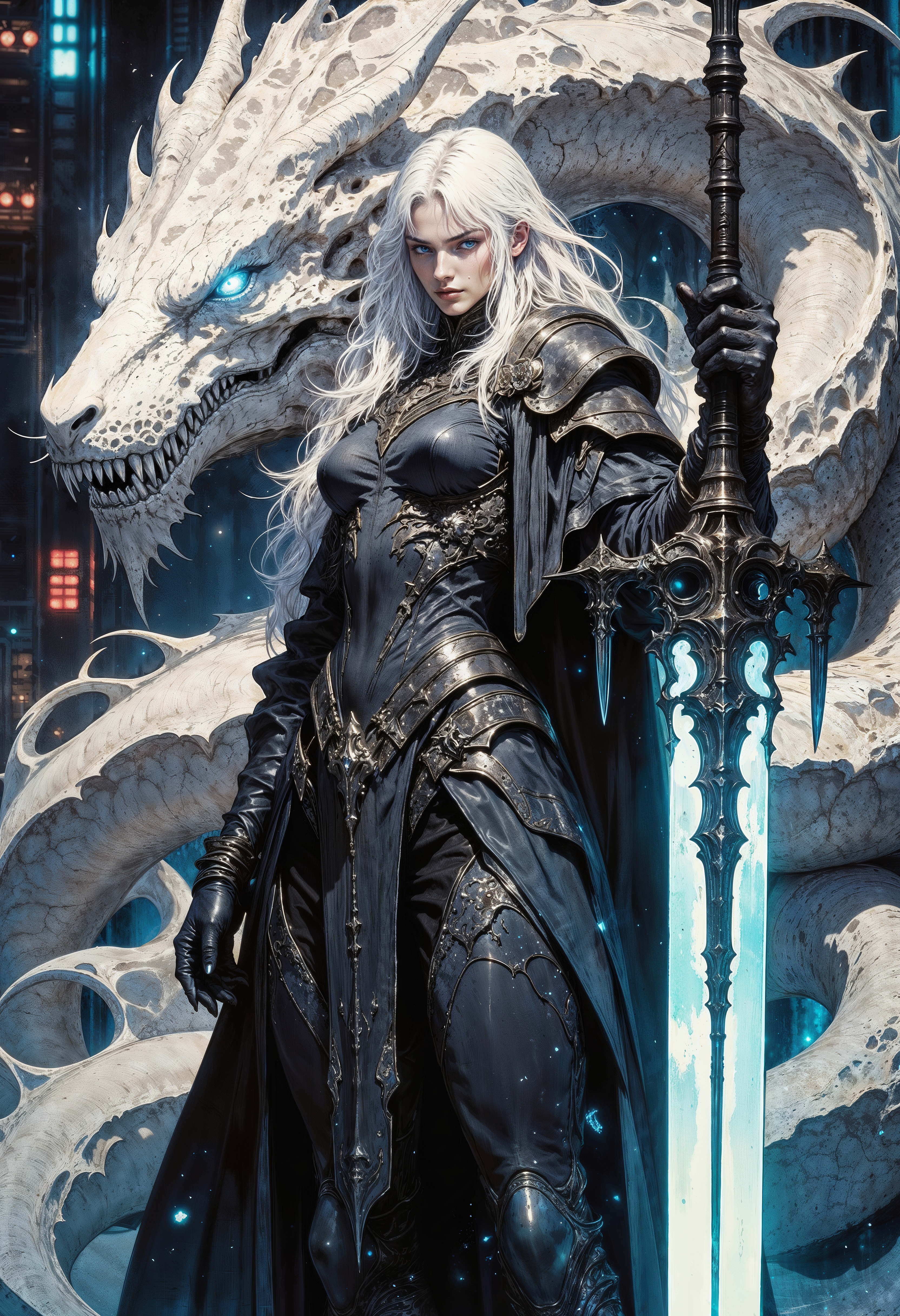 a futuristic, cyberpunk-styled female warrior. She stands in the center of the image, exuding a commanding presence. Her skin is pale and her long, flowing white hair contrasts starkly with the dark, metallic armor that covers her body. The armor is intricately detailed with sharp, angular lines and glowing blue accents, particularly around her right arm, which emits a vibrant, ethereal blue light.
She wields a large, double-headed scythe that is almost as tall as she is. The scythe has a metallic sheen, with one blade being a sharp, white, almost crystalline material, and the other blade emitting a similar blue glow. Her expression is intense and focused, with piercing blue eyes that match the glow from her arm.
Behind her, a massive, serpentine dragon with a similarly pale, almost white, scales is coiled protectively. The dragon's eyes are glowing blue, matching her arm and adding to the overall mystical and powerful aura of the scene. The background is a dark, industrial setting with blurred, metallic structures and neon lights, enhancing the cyberpunk feel. The artwork is highly detailed and rendered in a realistic yet fantastical style, typical of high-quality digital art.