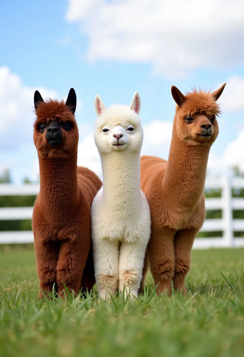 fugglers, A medium-close-up view of three different colored alpacas standing in a grassy field. They have longer hair and look very fluffy. The alpaca on the left is facing the camera, while the other two are facing the right. They are all facing the same direction, and their bodies are slightly angled to the left. The back of the alpaca is slightly angled towards the left side of the image, and the front of the one on the right is facing towards the right side. Behind them is a white fence, and in the background is a blue sky with white clouds.