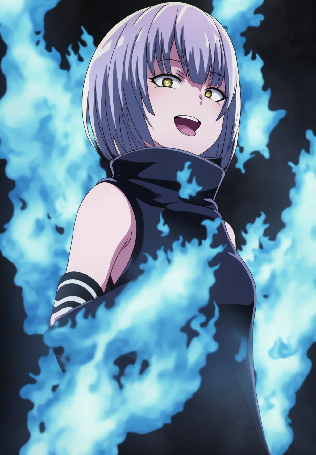 <lora:Ataru:0.8>, Ataru, 1girl, solo, looking at viewer, smile, open mouth, gloves, upper body, sleeveless, black gloves, turtleneck, fire, blue fire