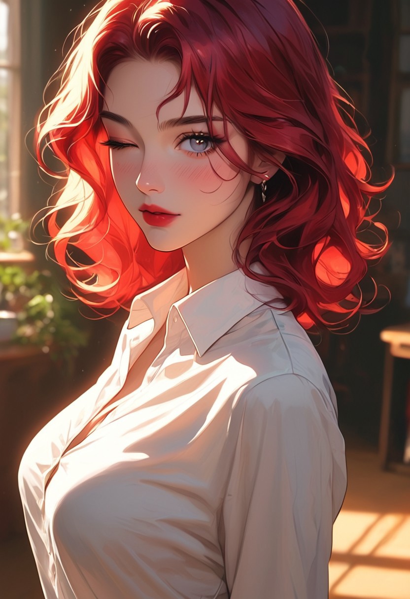 masterpiece,best quality, highly detailed, score_9, score_8_up, score_7_up, score_6_up, source_cartoon,
 BREAK
1girl, 28 years old, slim waist, large natural breasts with slight sagging, braless, pale skin, light makeup (glossy red lips, winged eyeliner, soft blush), long red hair, wavy strands, tight white blouse, pencil skirt, high heels, playful expression, looking at viewer with a wink, extreme close-up on face and upper body, office setting, bright lighting, rich details, soft shadows, intense focus, raw power dynamics
 BREAK
dynamic light, warm_light, vibrant colors warm_colors, soft focus, high contrast, textured surfaces, depth of field, golden hour lighting, dramatic shadows, rich details, nature-inspired color palette, playful composition.