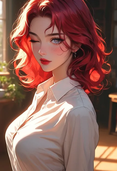 masterpiece,best quality, highly detailed, score_9, score_8_up, score_7_up, score_6_up, source_cartoon,
 BREAK
1girl, 28 years old, slim waist, large natural breasts with slight sagging, braless, pale skin, light makeup (glossy red lips, winged eyeliner, soft blush), long red hair, wavy strands, tight white blouse, pencil skirt, high heels, playful expression, looking at viewer with a wink, extreme close-up on face and upper body, office setting, bright lighting, rich details, soft shadows, intense focus, raw power dynamics
 BREAK
dynamic light, warm_light, vibrant colors warm_colors, soft focus, high contrast, textured surfaces, depth of field, golden hour lighting, dramatic shadows, rich details, nature-inspired color palette, playful composition.
