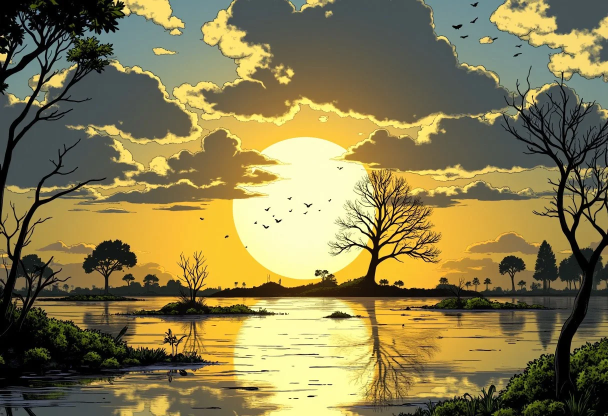 ff-graphicnovel. A surreal sunset scene over a calm body of water, creating a dreamlike quality. The foreground features small patches of vibrant green grass and dark twigs floating on the surface, with their reflections clearly visible in the golden-hued water. The midground showcases a large circular orb containing intricate silhouettes of bare trees, positioned slightly to the right of center. This mystical sphere emits an intense golden light that radiates outward, casting a warm glow across the entire composition. A flock of birds is seen flying above this central tree formation, adding life to the tranquil scene surrounded by THICK dense VOLUMINOUS light BLUE & WHTE clouds with natural LARGE sunbeams filtering through casting a MASSIVE glow and creating SEVERAL rainbow rays reflecting, illuminating the scene evenly and highlighting the textures. The background displays a dramatic sky filled with scattered clouds illuminated by the setting sun, transitioning from deep yellow to amber hues. Silhouetted trees of varying shapes and sizes line both sides of the horizon, their branches etched against the glowing sky. The water's surface mirrors these elements perfectly, doubling the visual impact and creating a symmetrical effect. The overall mood is serene yet mysterious, enhanced by the high contrast between the bright sunlight and the darker elements of nature, resulting in a vividly colored and dynamic landscape.