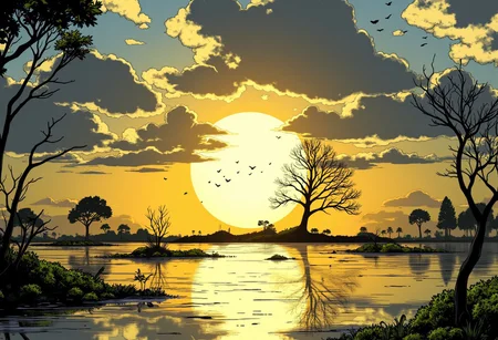 ff-graphicnovel. A surreal sunset scene over a calm body of water, creating a dreamlike quality. The foreground features small patches of vibrant green grass and dark twigs floating on the surface, with their reflections clearly visible in the golden-hued water. The midground showcases a large circular orb containing intricate silhouettes of bare trees, positioned slightly to the right of center. This mystical sphere emits an intense golden light that radiates outward, casting a warm glow across the entire composition. A flock of birds is seen flying above this central tree formation, adding life to the tranquil scene surrounded by THICK dense VOLUMINOUS light BLUE & WHTE clouds with natural LARGE sunbeams filtering through casting a MASSIVE glow and creating SEVERAL rainbow rays reflecting, illuminating the scene evenly and highlighting the textures. The background displays a dramatic sky filled with scattered clouds illuminated by the setting sun, transitioning from deep yellow to amber hues. Silhouetted trees of varying shapes and sizes line both sides of the horizon, their branches etched against the glowing sky. The water's surface mirrors these elements perfectly, doubling the visual impact and creating a symmetrical effect. The overall mood is serene yet mysterious, enhanced by the high contrast between the bright sunlight and the darker elements of nature, resulting in a vividly colored and dynamic landscape.