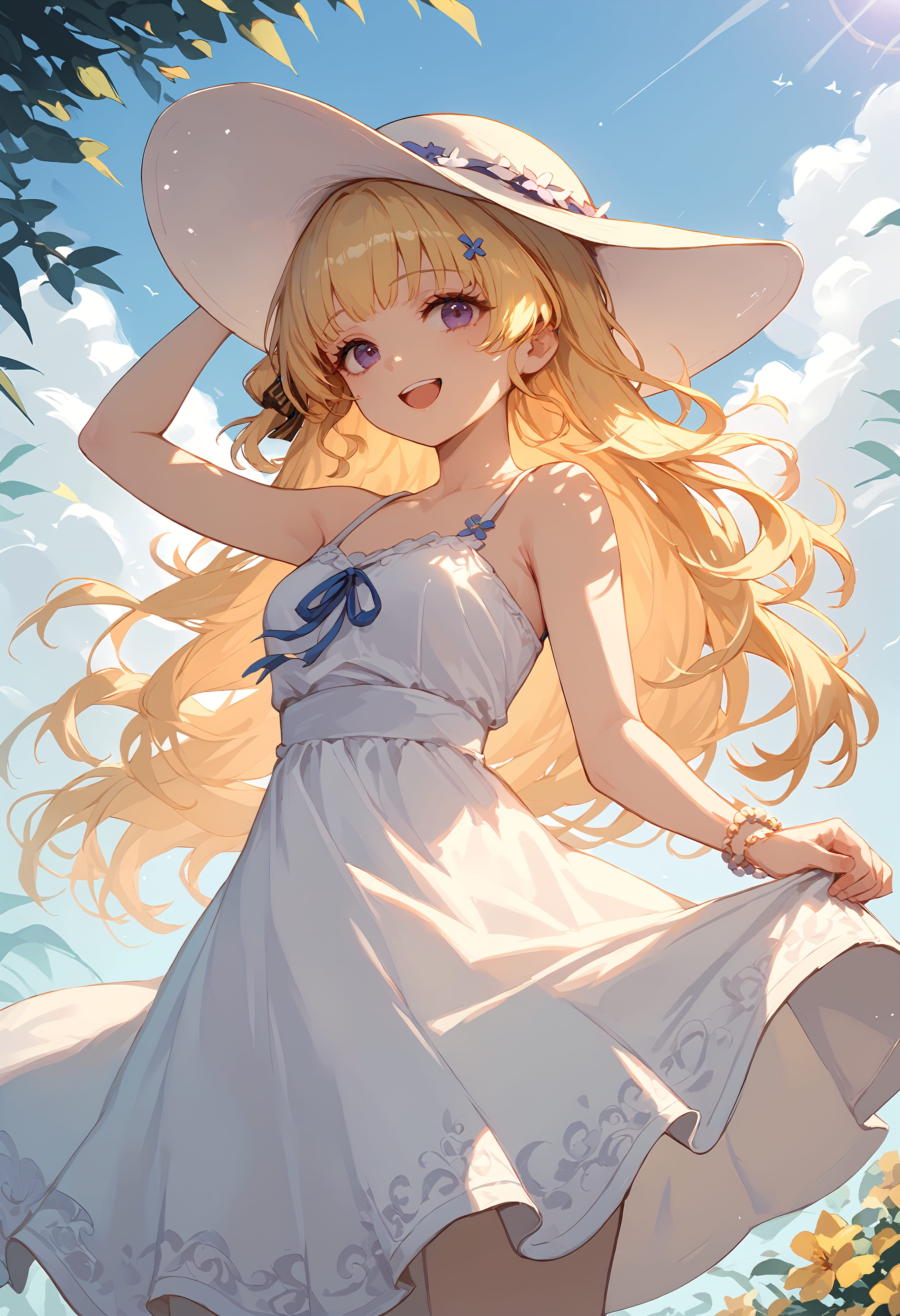 (score_9, score_8_up, score_7_up), 1girl, phoebe, sun hat, sundress, flower, sunlight, smile, open mouth, hand on headwear, <lora:phoebe-wwPO-v1:0.9>