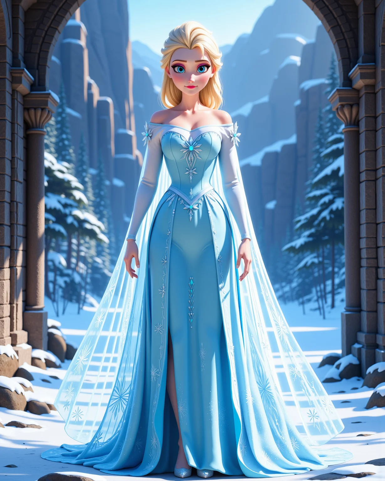-looking at viewer, outdoors daylight, a 20 year old adult mature woman.
3d CGI Style,  front view photo of.
<lora:Frozen_-_Elsa_v2_000030:1> f-elsa, blue eyes, blonde hairice blue off-shoulder gown with sparkling snowflake patterns, sheer icy cape flowing from back, glittering high heels
Upper Body view passport style
