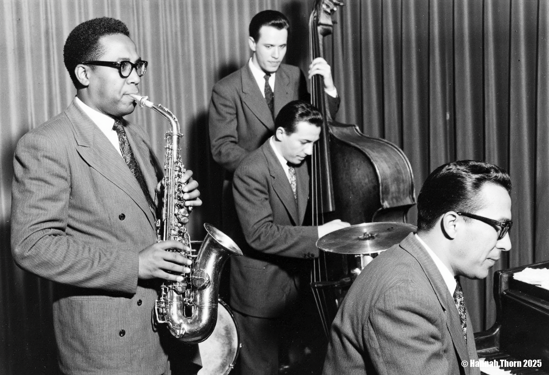 The picture is a black and white photograph of the David Brubeck jazz quartet performing.  The style is reminiscent of mid-20th-century jazz photography, likely taken sometime between the 1950s and 1960s. The monochrome palette, the slightly grainy texture, and the focus on the musicians in a seemingly informal performance setting all contribute to this classic jazz aesthetic. The image has a candid feel, not posed or overly staged, suggesting it may be a captured moment from a live performance or rehearsal. The clothing of the musicians (suits and ties) also supports the era's style. The photograph shows four musicians: * A saxophonist (likely alto saxophone) in the foreground on the left, prominently featured and playing his instrument.  He wears glasses and a suit.  * A pianist, also in the foreground to the right, is seated at a piano and appears to be playing. He also wears glasses and a suit.  * A double bassist stands behind the pianist, playing his instrument.  * A drummer is partially visible behind the pianist, seated at his drum kit.  Only the top of his head and shoulders are seen.   The background is somewhat blurry, but shows a curtain or drapery, common in performance venues. The overall composition focuses on the musicians and their instruments, making it a strong visual representation of a jazz performance.  The lighting is primarily focused on the musicians, creating a dramatic effect and drawing attention to their expressions and the music-making. <lora:_Flux\Vintage_Jazz-Club.safetensors:1.0:1.0>