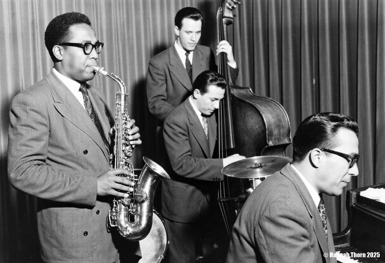 The picture is a black and white photograph of the David Brubeck jazz quartet performing. The style is reminiscent of mid-20th-century jazz photography, likely taken sometime between the 1950s and 1960s. The monochrome palette, the slightly grainy texture, and the focus on the musicians in a seemingly informal performance setting all contribute to this classic jazz aesthetic. The image has a candid feel, not posed or overly staged, suggesting it may be a captured moment from a live performance or rehearsal. The clothing of the musicians (suits and ties) also supports the era's style. The photograph shows four musicians: * A saxophonist (likely alto saxophone) in the foreground on the left, prominently featured and playing his instrument. He wears glasses and a suit. * A pianist, also in the foreground to the right, is seated at a piano and appears to be playing. He also wears glasses and a suit. * A double bassist stands behind the pianist, playing his instrument. * A drummer is partially visible behind the pianist, seated at his drum kit. Only the top of his head and shoulders are seen. The background is somewhat blurry, but shows a curtain or drapery, common in performance venues. The overall composition focuses on the musicians and their instruments, making it a strong visual representation of a jazz performance. The lighting is primarily focused on the musicians, creating a dramatic effect and drawing attention to their expressions and the music-making. <lora:_Flux\Vintage_Jazz-Club.safetensors:1.0:1.0>