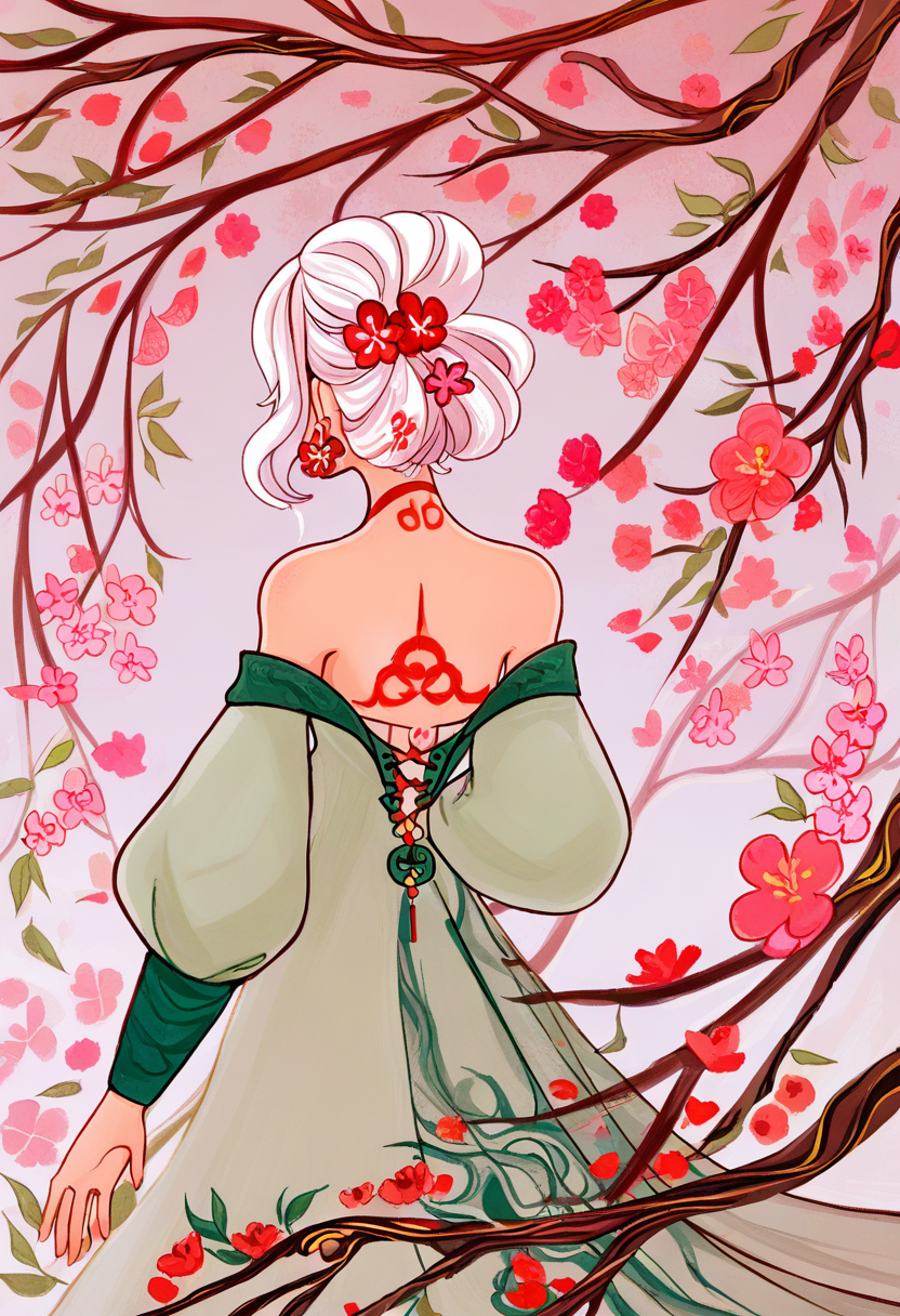 1girl, solo, flower, white hair, hair ornament, from behind, jewelry, pink flower, tattoo, earrings, branch, hair flower, long sleeves, dress, red flower, bare shoulders <lora:cqtlatteXL_NBVP1_lokr_V6311P:0.95>
