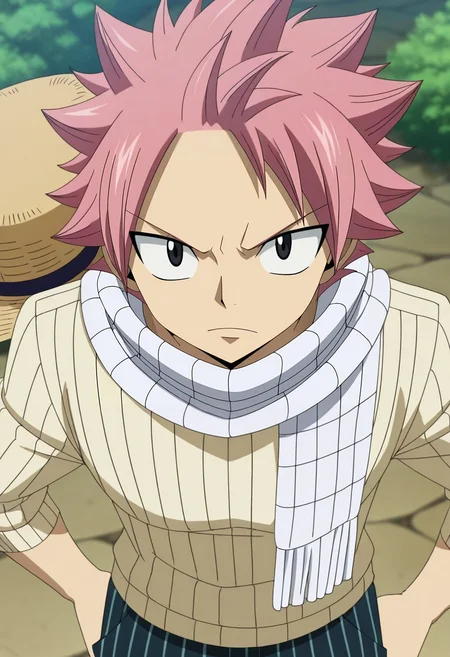 masterpiece, best quality, , anime screencap, anime coloring, official style, looking at viewer, 1boy, solo, male focus, <lora:natsu_dragneel_ilxl:0.92>, natsu_dragneel, pink hair, black eyes, spiked hair, white scarf, , Muslin Crimson Pinstripe Pleated corduroy pants, Jacquard Crew neck sweater, , Panama hat,