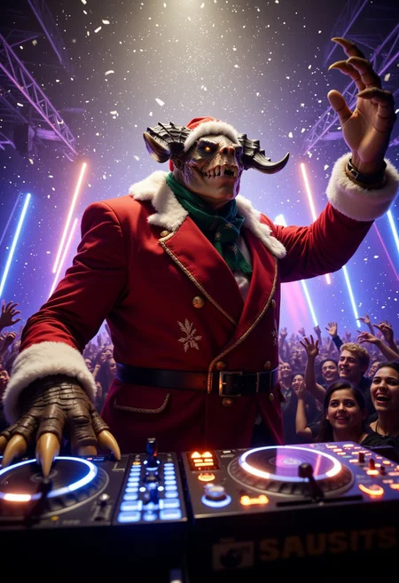 An electrifying nightclub scene features a towering Deathclaw at the DJ booth, commanding the crowd with festive charisma and epic energy. The Deathclaw sports a tailored red blazer trimmed with white fur, reminiscent of Santa’s coat, complete with golden embroidery of holly and stars. A matching green scarf with twinkling fairy lights is wrapped snugly around its neck, ensuring its appearance is both stylish and family-friendly. Atop its massive, horned head rests a festive Santa hat, perched proudly between its fearsome horns.
With one massive, clawed hand raised high in the air, it hypes up the energetic crowd gathered in front of it, their faces illuminated by the flashing club lights. The other hand expertly works glowing, high-tech DJ turntables adorned with vibrant LED accents that pulse in time with the music. Surrounding the Deathclaw, the stage is bathed in dazzling lasers, pyrotechnics, and swirling snow-like effects. Confetti rains down as the crowd cheers, their holiday excitement reaching a fever pitch, making this moment a legendary fusion of primal power and festive cheer