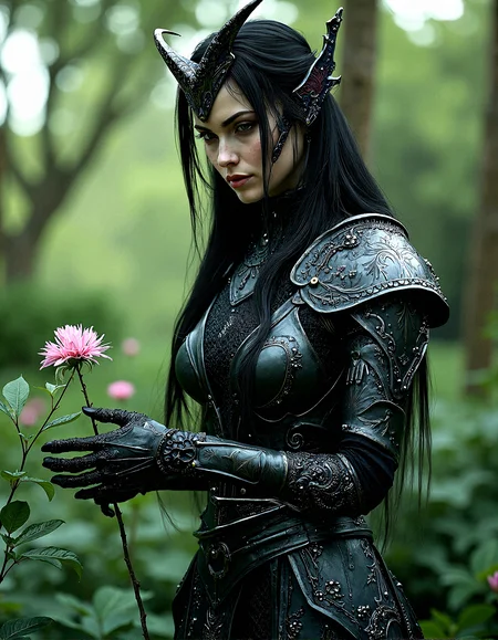 A dark elven queen in intricate armor, gothic medieval design, realistic textures, ultra-high definition, photorealistic, highly detailed, dramatic lighting, sharp focus, cinematic, hyperrealism, dark and mysterious atmosphere.
Standing in a garden, hands gently touching a plant or flower.