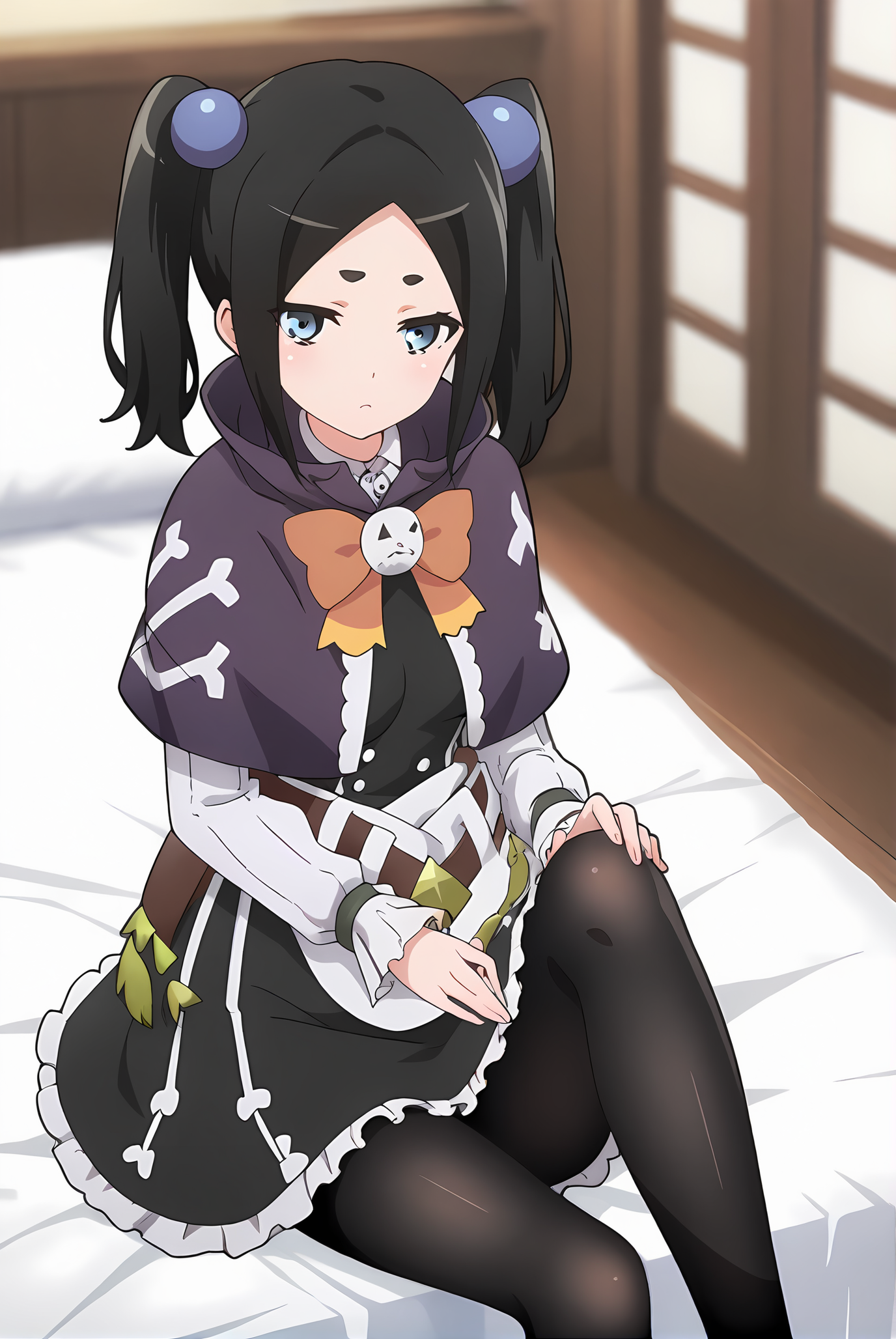 (purple capelet black dress belt black pantyhose:1.30), ig-toxico, black hair, short twintails, blue eyes, blue hair bobbles, medium breasts, 1girl, solo, skinny, score_9, score_8_up, score_8, score_7_up, score_7, score_6_up, score_6, score_5_up, score_5, source_anime, blush, indoors, (0.2:close-up depth of field:1.20), (:1.20), feet, <lora:ig-toxico-V02:0.90>
