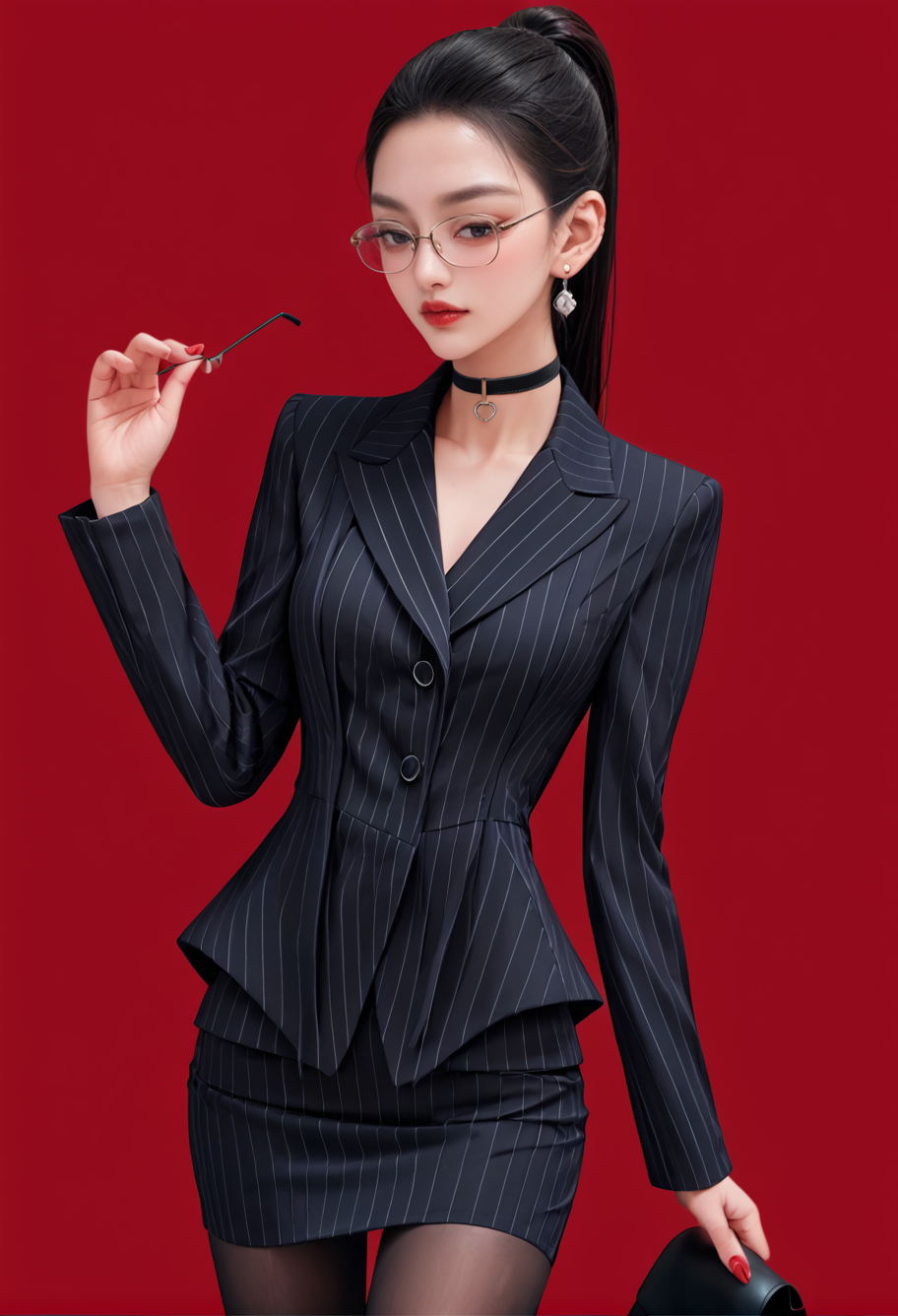 1girl,solo,red background,,ruanyi0856,striped jacket,choker,black pantyhose,glasses,black skirt,pinstripe pattern,
cowboy shot,<lora:0856 OL professional suit skirt 1_v1_pony:1>, score_9,score_8_up,score_7_up,,8k,1girl,solo,,