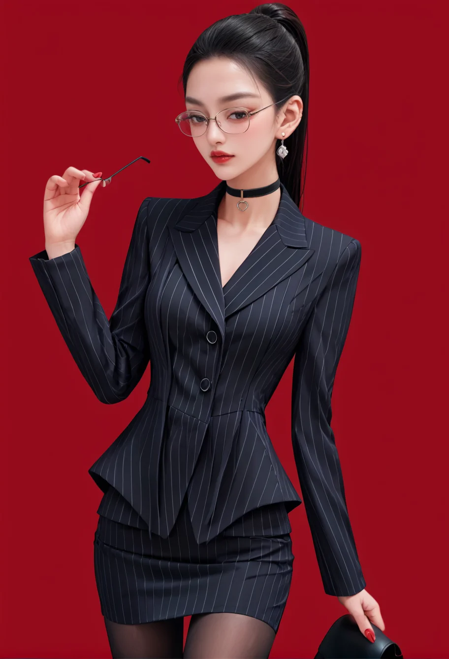 1girl,solo,red background,,ruanyi0856,striped jacket,choker,black pantyhose,glasses,black skirt,pinstripe pattern,
cowboy shot,<lora:0856 OL professional suit skirt 1_v1_pony:1>, score_9,score_8_up,score_7_up,,8k,1girl,solo,,