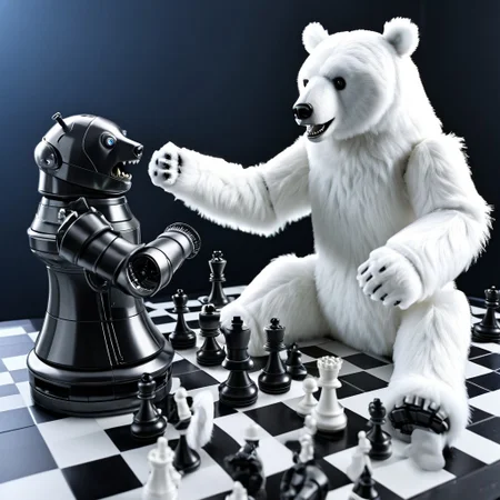 CivBot ((((1robot is playing chess))) , behind the robot is Moonbear with hands raised and screaming trying to scare, novuschroma53 style, white fur