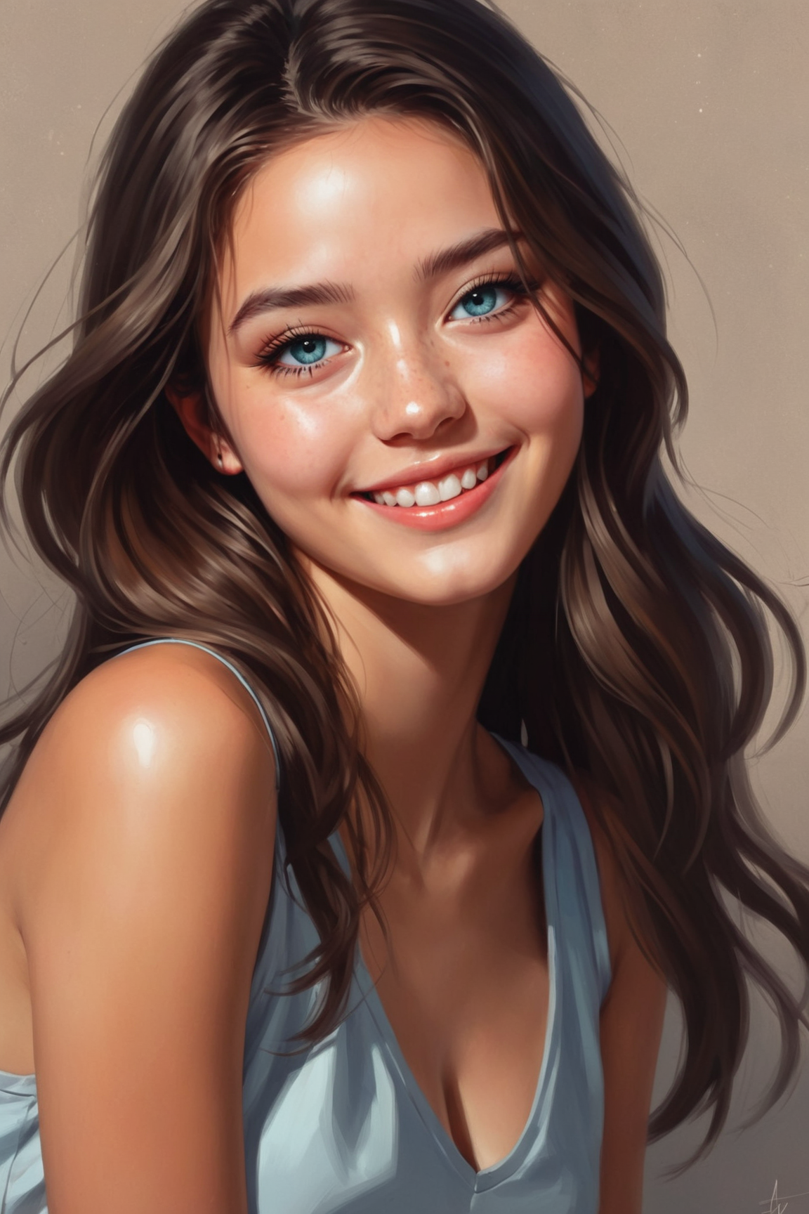 digital painting by Alena Aenami and Junji Ito and Miho Hirano in the style of Thomas Saliot and Charlie Bowater of a cute fit 18 year old fashion model's face and cleavage, smiling, cinematic fashion shot <lora:EnvyStudioPortraitXL01:0.35>