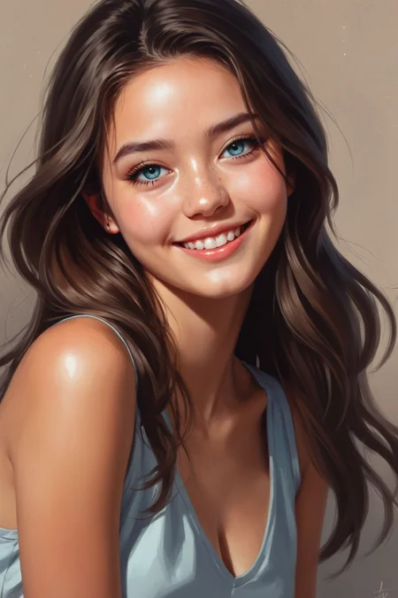 digital painting by Alena Aenami and Junji Ito and Miho Hirano in the style of Thomas Saliot and Charlie Bowater of a cute fit 18 year old fashion model's face and cleavage, smiling, cinematic fashion shot <lora:EnvyStudioPortraitXL01:0.35>