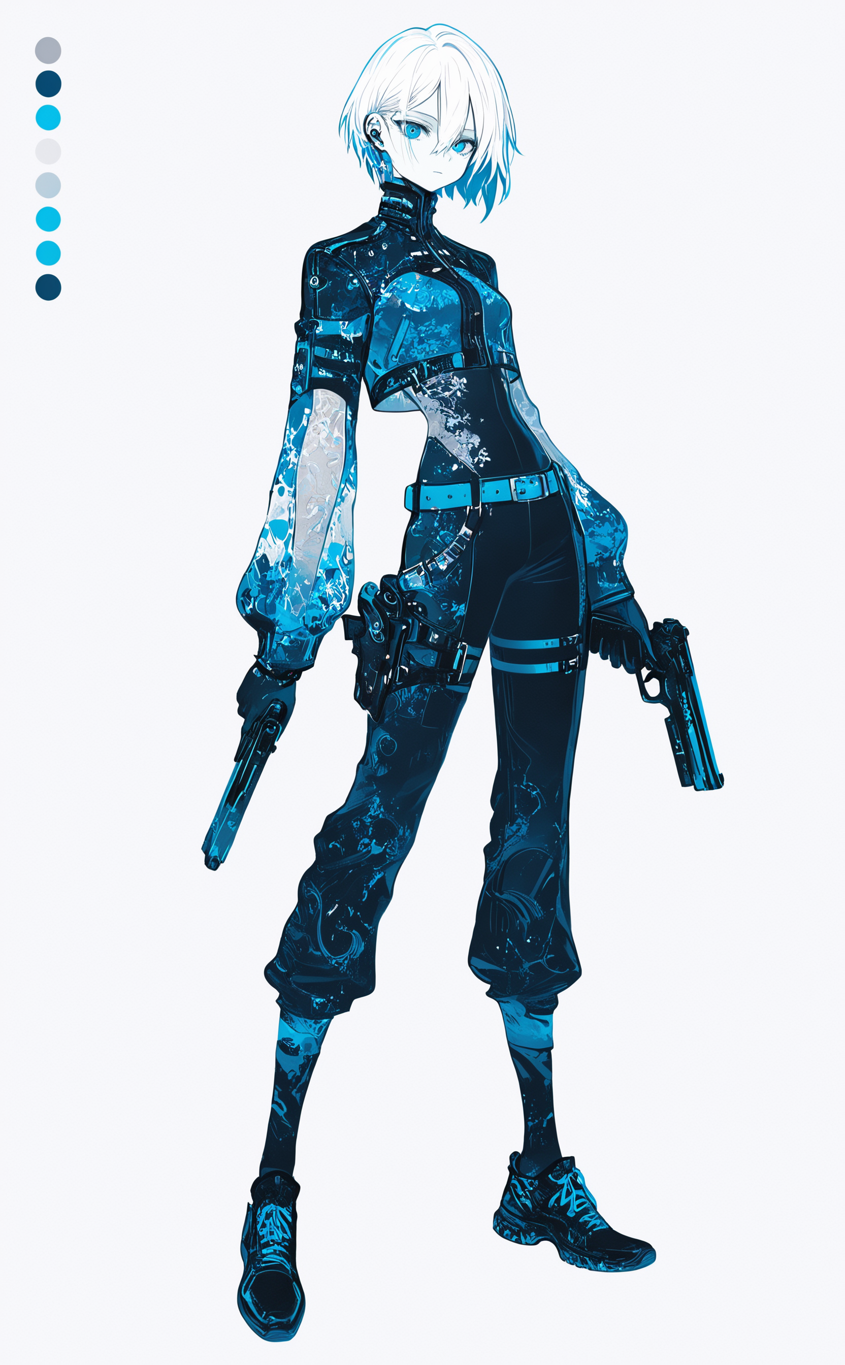 masterpiece, best quality, amazing quality, 1girl, solo, looking at viewer, short hair, blue eyes, simple background, long sleeves, white background, gloves, holding, hair between eyes, closed mouth, jewelry, standing, full body, white hair, weapon, earrings, shoes, pants, belt, holding weapon, see-through, gun, colored skin, bodysuit, expressionless, holding gun, cropped jacket, handgun, white skin, dual wielding, blue theme, limited palette, trigger discipline, earpiece, blue belt, color guide, 0__11Xx_illu,
15546+456868 <lora:noobai_ep11_stabilizer_v0.138_fp16:0.3> <lora:NOOB_vp1_detailer_by_volnovik_v1:0.3> <lora:114558v4df2fsdf5:0.6> <lora:mon_monmon2133:0.5> <lora:0__11Xx:0.5>