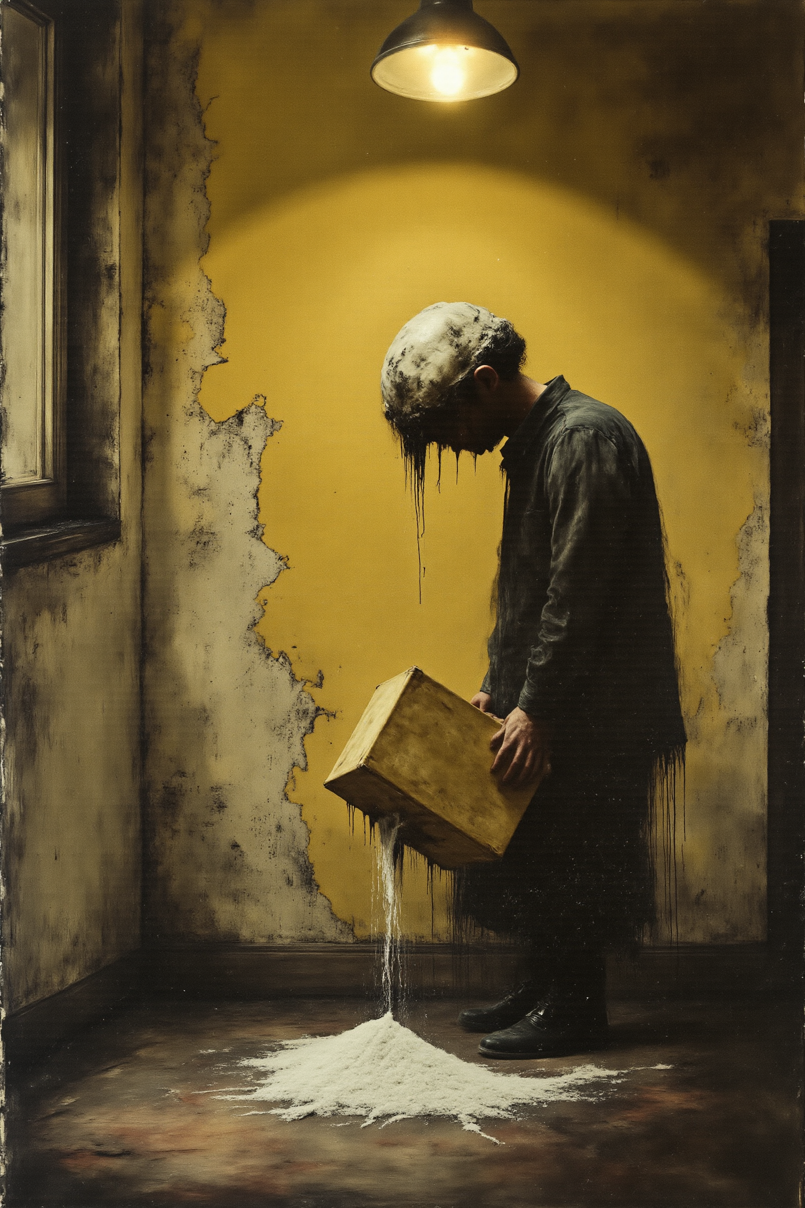 "In a hyperrealistic depiction of a deserted, Art Deco train station, painted in a palette of muted mustard yellow and deep charcoal gray, a surreal tableau unfolds. A colossal, misshapen block of cheddar cheese, its surface resembling a lunar landscape, rests atop a pile of spilled salt, forming an unstable, gravity-defying structure. A single, antique suitcase, its form distorted and elongated, lies beside the cheese, casting a long, surreal shadow. The lighting is dramatic, with a single, overhead light source illuminating the scene, creating a sense of unease and Dadaist disorientation. The details are meticulously rendered, from the grains of salt to the peeling paint on the walls, blurring the lines between reality and the absurd."
Dark Art