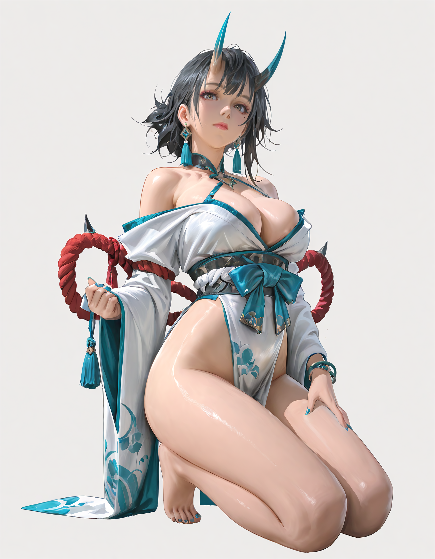 high quality, score_9, score_8_up, source_7_up, very aesthetic, high resolution, newest, depth of field, volumetric lighting, (masterpiece, best quality, ultra-detailed, High detailed), beautiful faces, uncensored, more detail XL, absurdres,masterpiece,best quality,amazing quality, masterpiece,best quality,amazing quality, 8k, 
BREAK  <lora:vergilhoo_style-20:0.8> vergilhoo_style, 1girl, solo, breasts, looking at viewer, simple background, large breasts, black hair, white background, bow, closed mouth, cleavage, jewelry, bare shoulders, full body, earrings, horns, japanese clothes, barefoot, wide sleeves, nail polish, mole, lips, bare legs, kneeling, transparent background, tassel, rope, toenails, blue nails, single horn, veins, oni, toenail polish, shimenawa, aqua nails, tassel earrings, thighs, medium hair, bracelet, shiny skin
