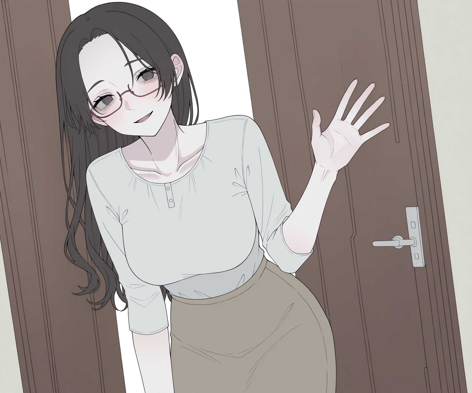 masterpiece, best quality, amazing quality, , 1girl, solo, glasses, , looking at viewer, shirt, skirt, long hair, light smile, open mouth, mature female,  <lora:Happiiakujikijp ILL-v2:1> happiiakujikijp, detailed background