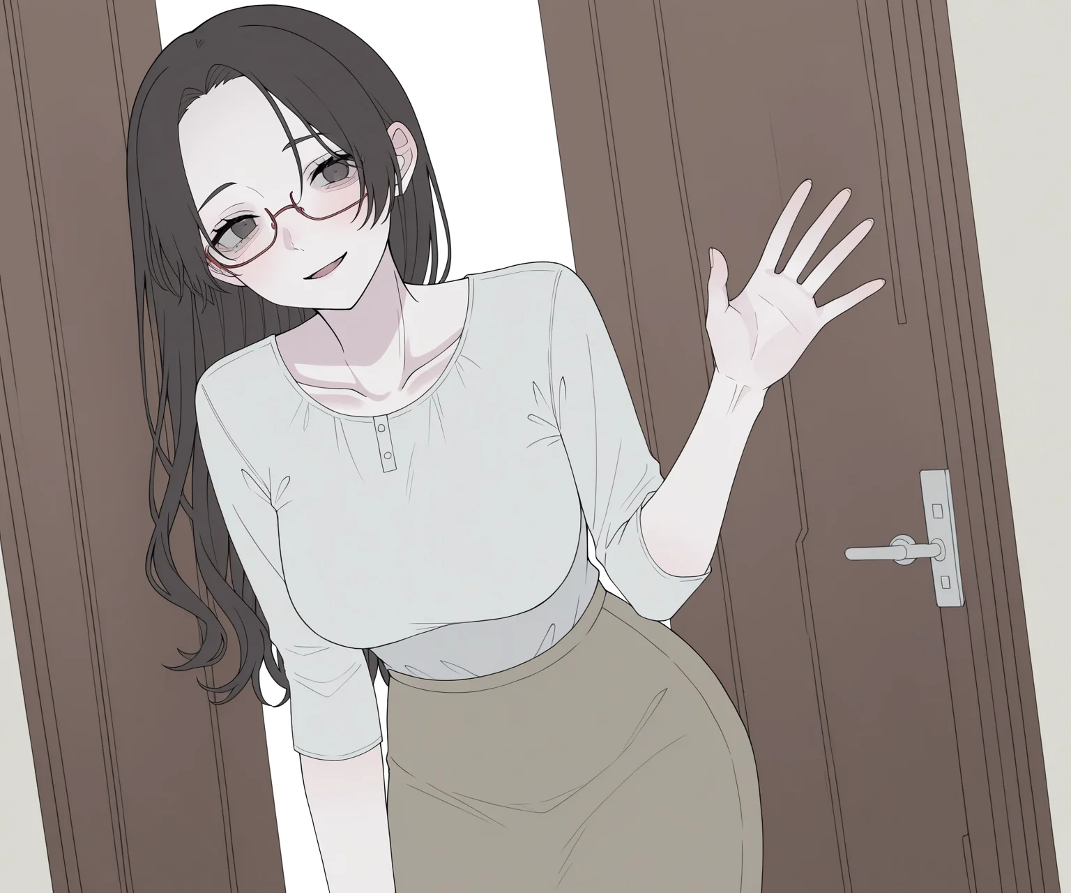 masterpiece, best quality, amazing quality, , 1girl, solo, glasses, , looking at viewer, shirt, skirt, long hair, light smile, open mouth, mature female,  <lora:Happiiakujikijp ILL-v2:1> happiiakujikijp, detailed background