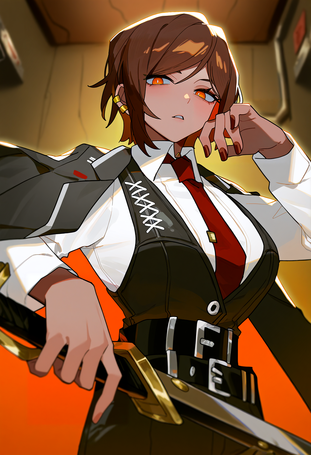 very awa, masterpiece, best quality, year 2024, newest, highres, absurdres, <lora:age_slider_v4:3> <lora:thicc_v1.4-pony:1.2>,detailed_background,indoors,ear piercing,highres,project moon,cowboy shot,brown hair,sword,weapon,1girl,dark-skinned female,necktie,short hair,hamelon310,hand up,white shirt,jacket,collared shirt,outis \(project moon\),dark skin,red necktie,solo,limbus company,orange eyes,black jacket,long sleeves,belt,black belt,black vest,parted lips,vest,looking at viewer,shirt,brown nails,piercing