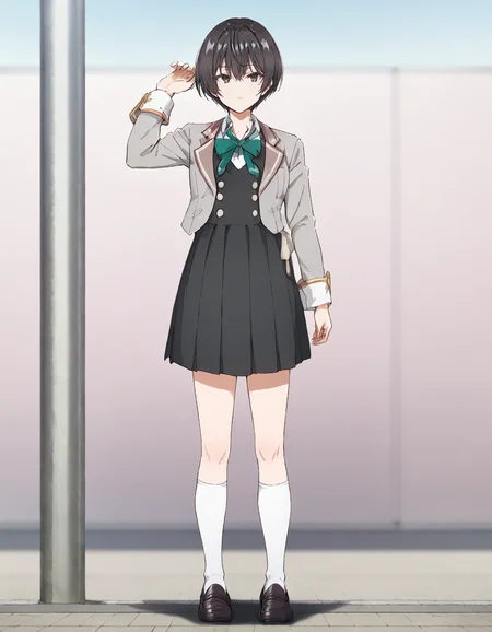 score_9, score_8_up, score_7_up, source_anime, BREAK
1girl, solo, looking at viewer, gradient background, outdoors, blurry background, full body, arm up, standing,
chisaki sarashina, black hair, short hair, hair between eyes, black eyes, (mole under eye:0.7),
school uniform, grey jacket, open jacket, long sleeves, green bow, white shirt, collared shirt, black vest, buttons, black dress, white kneehighs, black loafers
<lora:chisaki_sarashina_anime_v2-soralz:1>