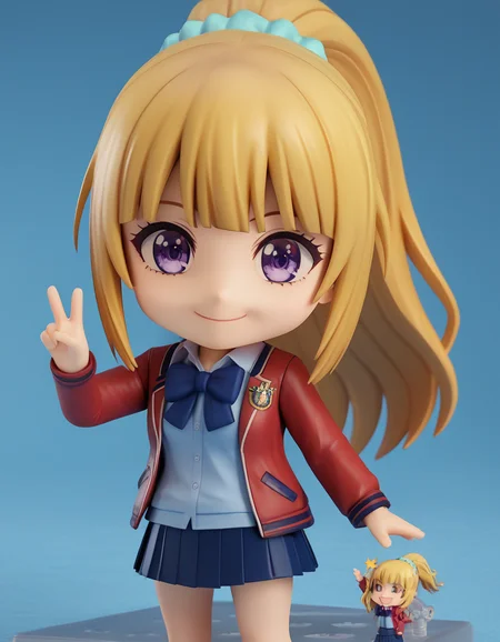 score_9, score_8_up, score_7_up, source_anime, keikaruizawa,
<lora:kei-karuizawa-anime-s2-ponyxl-lora-nochekaiser:0.5>,
kei karuizawa, long hair, bangs, blunt bangs, purple eyes, blonde hair, shirt, hair ornament, ponytail, scrunchie, blue scrunchie, smile, skirt, shirt, bow, school uniform, jacket, red jacket, pleated skirt, bowtie, sweater, blue bow, blue shirt,
<lora:nendoroid-figurines-ponyxl-lora-nochekaiser:1>, nendoroid, 1girl, solo, chibi, 3d, smile, v, v over eye,