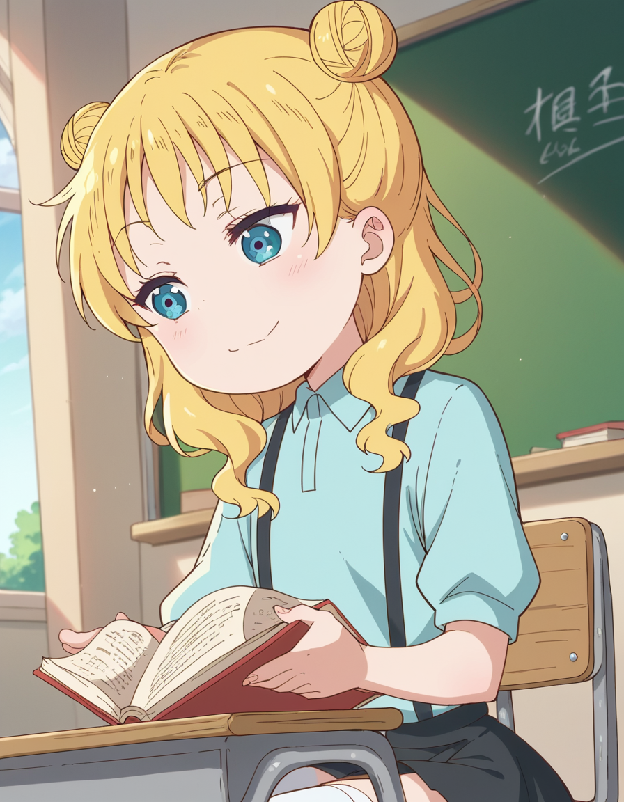 score_9, score_8_up, score_7_up, source_anime, <lora:dragon-chloe-s2-ponyxl-lora-nochekaiser:1>, chloe, blue eyes, blonde hair, hair bun, double bun, child, female child,, skirt, shirt, thighhighs, collared shirt, suspenders, blue shirt,, classroom, chalkboard, day time, studying, sitting, chair, desk,, , , smug, hand on hips,, solo,, dutch angle,