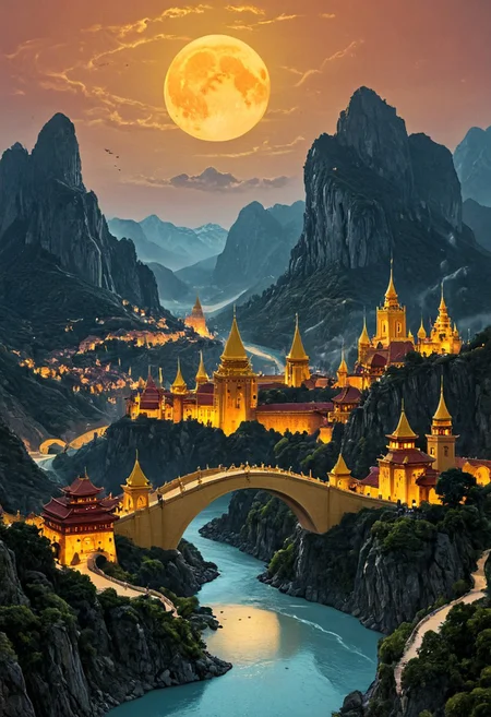 masterpiece, very high quality, epiCPhoto, epic landscape, epic scale, city, ancient city, golden palace, golden houses, ancient world, giant bridge over flame river, cold moon, easynegative, epiCPhoto, landscape, castle, mountain, intimidating aura, victorian architecture, divine