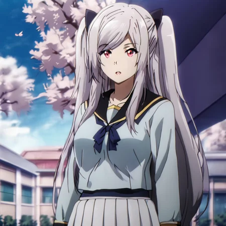 Black hair ribbon, gray hair, long hair, twintails, red eyes, large breasts, two side up, single hair bun, ponytail, wearing a classic Japanese school uniform with a pleated skirt and sailor top, standing in a school courtyard, cherry blossoms falling, sunny day, cheerful and serene atmosphere