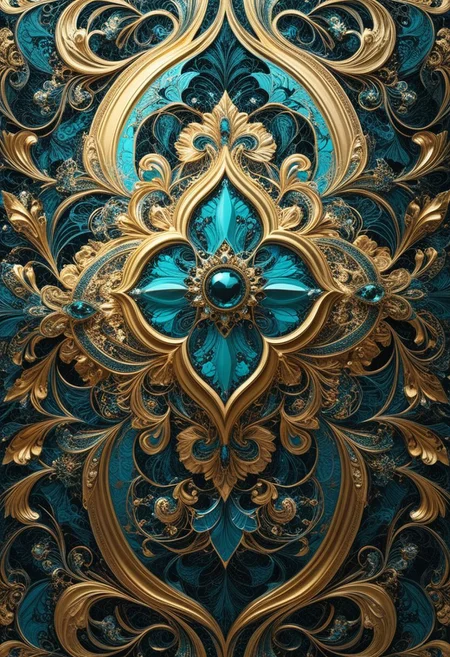 photo of a paisley pattern, boteh, paisley, teal blue, gleaming gold foil, almond, entwined paislies, official art, aesthetic, dynamic angle, hyper detailed, order and chaos, vibrant colors, high contrast, (extremely detailed, intricate details, masterpiece, best quality, 8k wallpaper:1.4), dramatic lighting, (dark teal and brilliant gold palette:1.2), twisting paisley