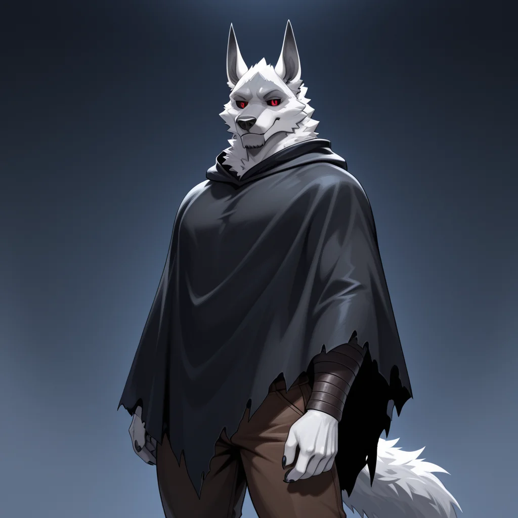 masterpiece, best quality, amazing quality, solo, 1boy, DeathLW, bara, red eyes, black sclera, cloak, brown pants, standing