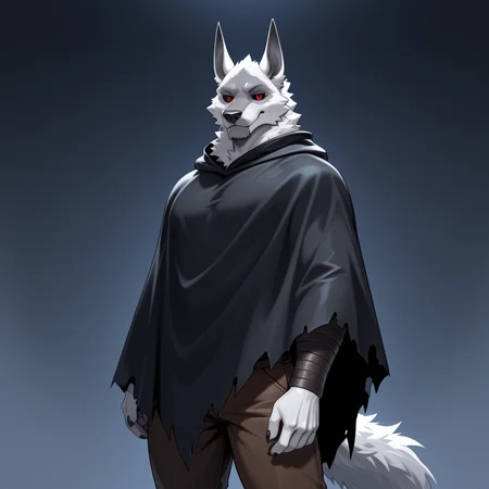masterpiece, best quality, amazing quality, solo, 1boy, DeathLW, bara, red eyes, black sclera, cloak, brown pants, standing