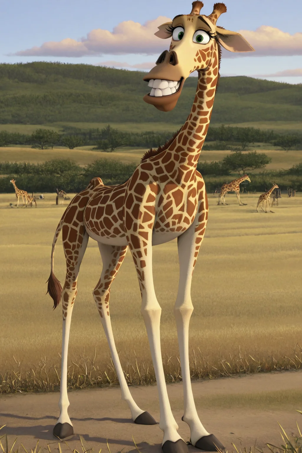 masterpiece, best quality, amazing quality, furry, giraffe, melmanmdgr, melman, male, feral, brown spots, detailed fur, green eyes, long neck, looking at viewer, smiling happily, teeth, side view, standing, full body, solo, outside <lora:Melman_Madagascar:1> <lora:Expressive_H:1>