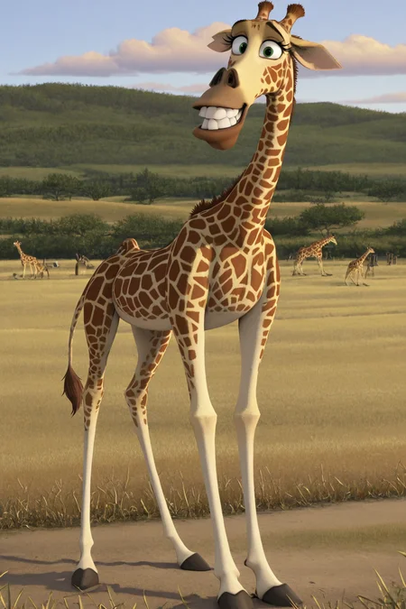 masterpiece, best quality, amazing quality, furry, giraffe, melmanmdgr, melman, male, feral, brown spots, detailed fur, green eyes, long neck, looking at viewer, smiling happily, teeth, side view, standing, full body, solo, outside <lora:Melman_Madagascar:1> <lora:Expressive_H:1>
