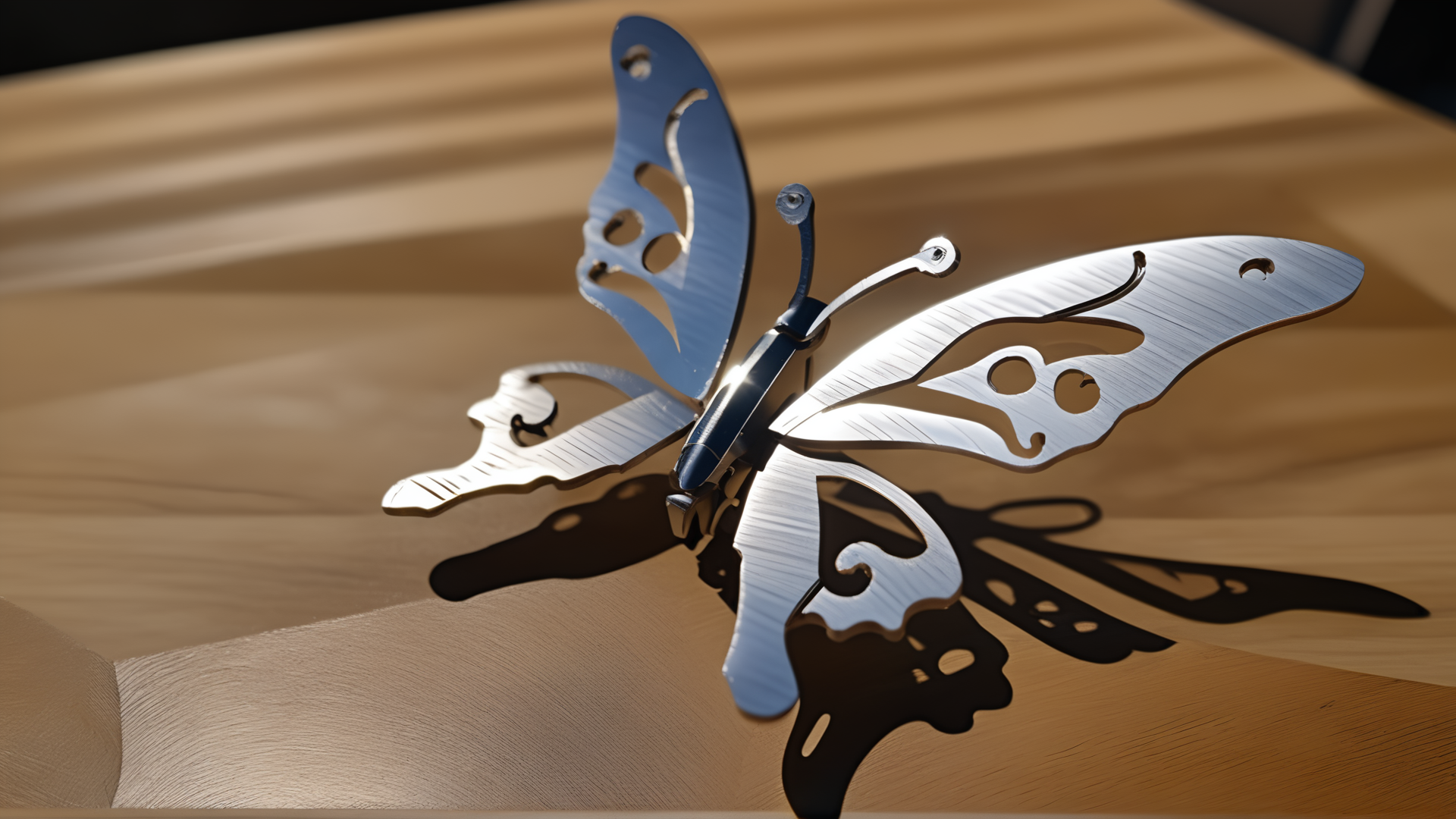 <lora:splicingtoycd_xl-000012:0.8>,a plane style steel butterfly made of splicingtoycd_xl on wooden desktop,three-dimensional puzzle,simple-structured,detailed,hi-res photo,chinese zodiac,no humans,silver theme,close-up,indoors,living room,simple background, emotional,harmonious,high budget,moody,epic,gorgeous,perfect lighting,realistic,photorealistic,photographic,photo (medium),real,moody lighting,volumetric lighting,reality ray tracing,8K,HDR,UHD,masterpiece,best quality,highly detailed,high resolution,finely detail,extremely detailed,ultra detailed,wallpaper