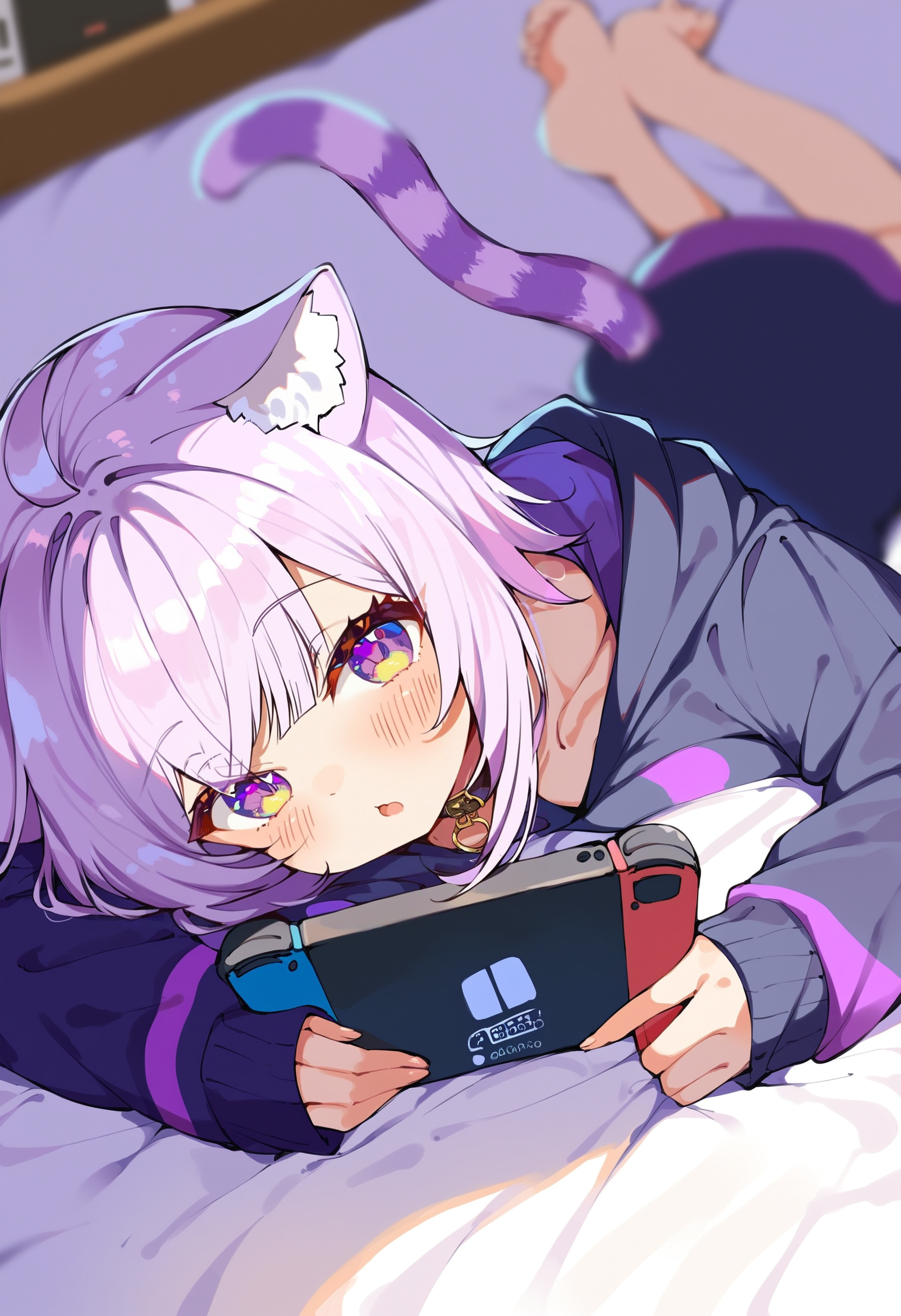 score_9, score_8_up, score_7_up, score_6_up, source anime,
nekomata okayu, nekomata okayu default, animal ear fluff, black hoodie, onigiri print,
1girl, nintendo switch, solo, cat tail, lying, looking at viewer, holding, on stomach, collar, open mouth, holding handheld game console, handheld game console, collarbone, blush, barefoot, bed sheet,
depth of field, close-up, soft focus
<lora:nekomata_okayu_v2:1>