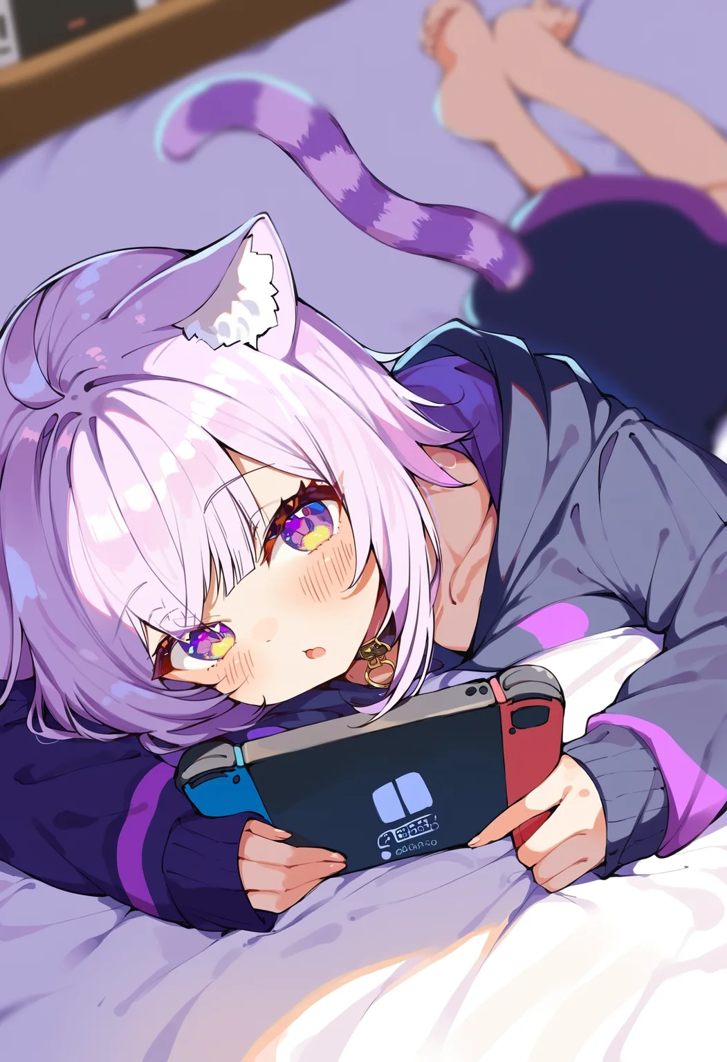 score_9, score_8_up, score_7_up, score_6_up, source anime,
nekomata okayu, nekomata okayu default, animal ear fluff, black hoodie, onigiri print,
1girl, nintendo switch, solo, cat tail, lying, looking at viewer, holding, on stomach, collar, open mouth, holding handheld game console, handheld game console, collarbone, blush, barefoot, bed sheet,
depth of field, close-up, soft focus
<lora:nekomata_okayu_v2:1>