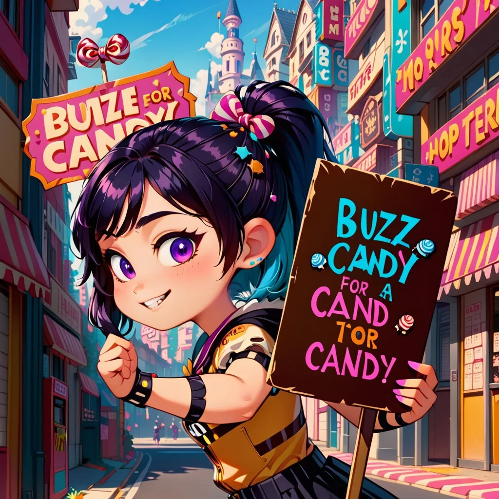<lora:texta:0.9>  (holding a sign with text "Buzz FOR CANDY":1.65), 1girl, cute, Vanellope von Schweetz, (anime, masterpiece, intricate:1.3), (best quality, hires textures, high detail:1.2), (4k),(incredibly detailed:1.4),UHD, 8K, ultra detailed, candy