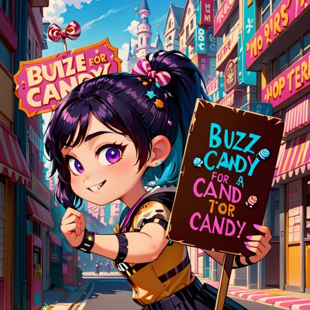 <lora:texta:0.9>  (holding a sign with text "Buzz FOR CANDY":1.65), 1girl, cute, Vanellope von Schweetz, (anime, masterpiece, intricate:1.3), (best quality, hires textures, high detail:1.2), (4k),(incredibly detailed:1.4),UHD, 8K, ultra detailed, candy