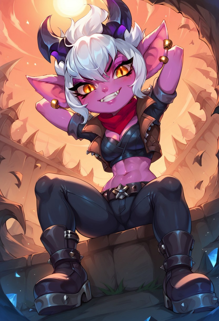 score_9, score_8_up, score_7_up, score_6_up, ultra quality, full body, 1girl, DTristana, curvy figure, shortstack, yordle, demon girl, purple skin, white hair, demon horns, orange eyes, slit pupils, fangs, crop jacket, red scarf, belt, clenching teeth, smile, animal ears, hands behind head, leg bent, dutch angle, leggings, boots, sitting, from below, bottom focus, dynamic pose, looking at viewer, hell, 4k, vibrant colors