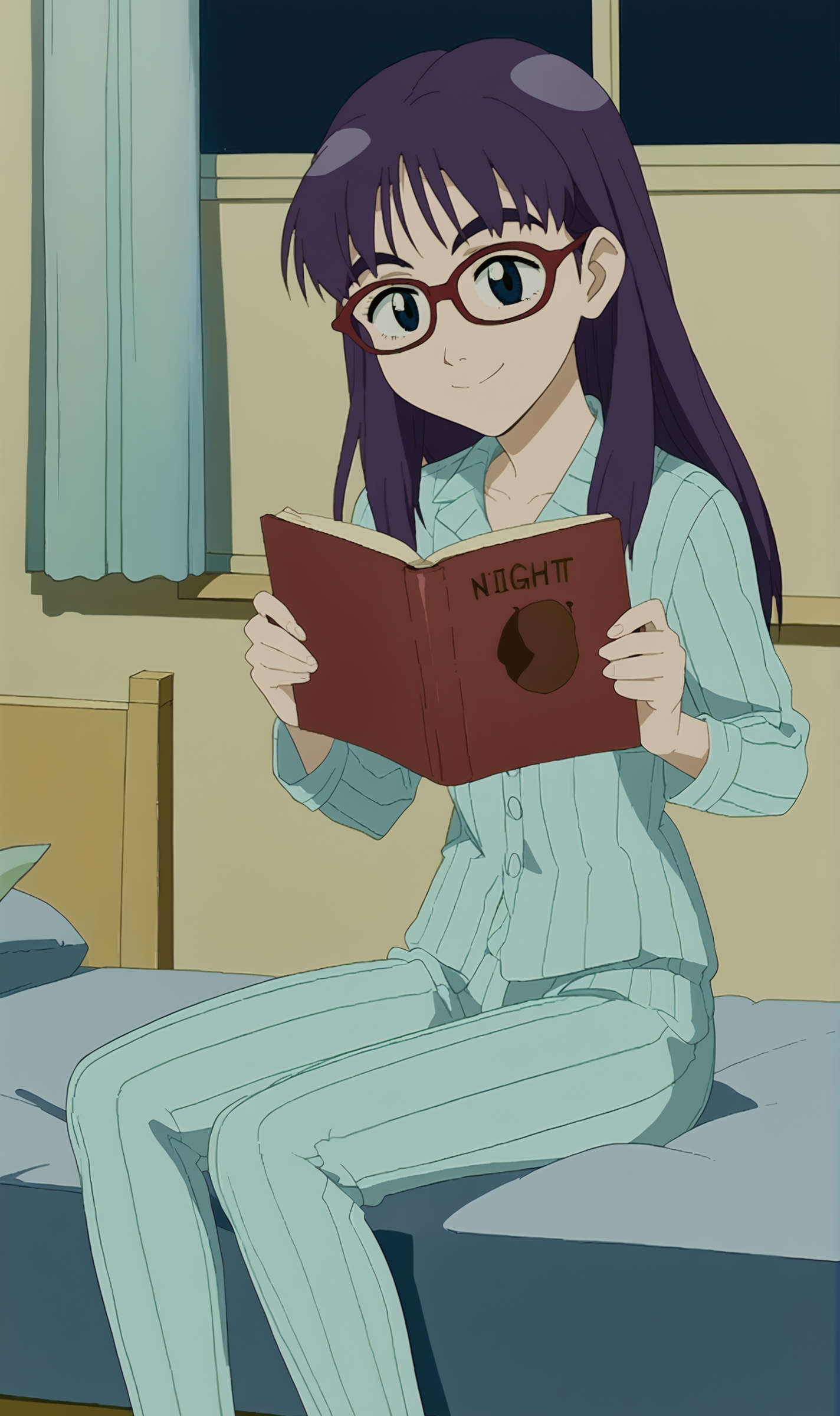 EN, 1girl, solo, retro artstyle, purple hair, blue eyes, long hair, red framed glasses, light blue pajamas, on bed, sitting, reading book, night light, dark room, smile, <lora:Eri Ninamori Pony XL:0.9>