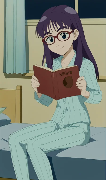 EN, 1girl, solo, retro artstyle, purple hair, blue eyes, long hair, red framed glasses, light blue pajamas, on bed, sitting, reading book, night light, dark room, smile, <lora:Eri Ninamori Pony XL:0.9>
