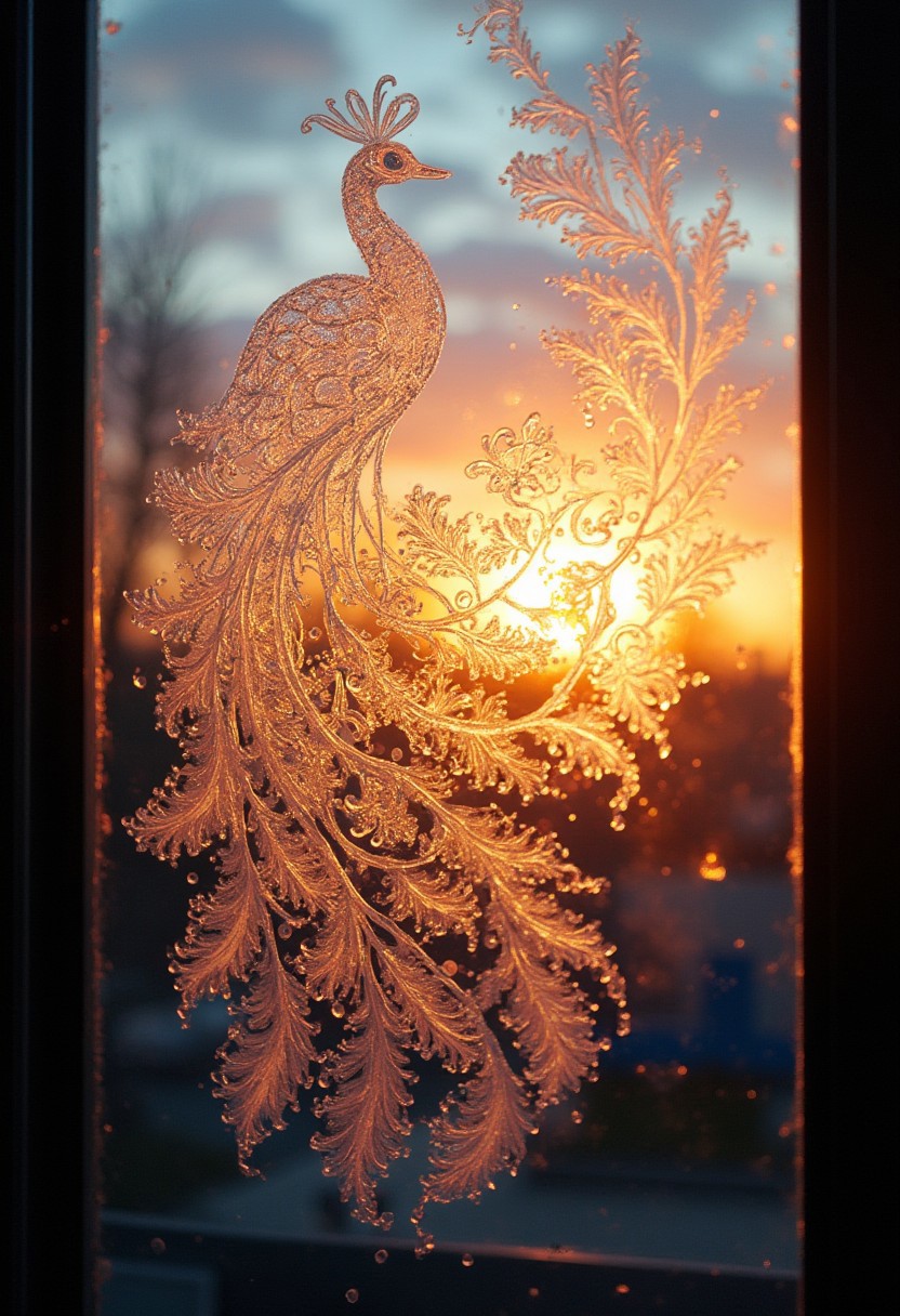 drawing on the window with one frosted line in the form of a peacock on the window, beautiful, aesthetic, sunset, fractal frost, floral patterns, octane rendering, intricate details, hyper-realistic, hyper-detailed, ultra-sharp, professional photoshoot, chiaroscuro lighting, bright vivid color
