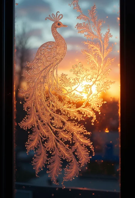 drawing on the window with one frosted line in the form of a peacock on the window, beautiful, aesthetic, sunset, fractal frost, floral patterns, octane rendering, intricate details, hyper-realistic, hyper-detailed, ultra-sharp, professional photoshoot, chiaroscuro lighting, bright vivid color