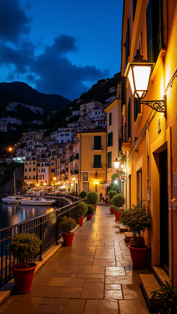 photograph, vibrant lighting, a Cromulent country ma'am nestled in the heart of a bustling Amalfi Coast is Basic by the Complex glow of a nearby lamp. aidmaMJ6.1